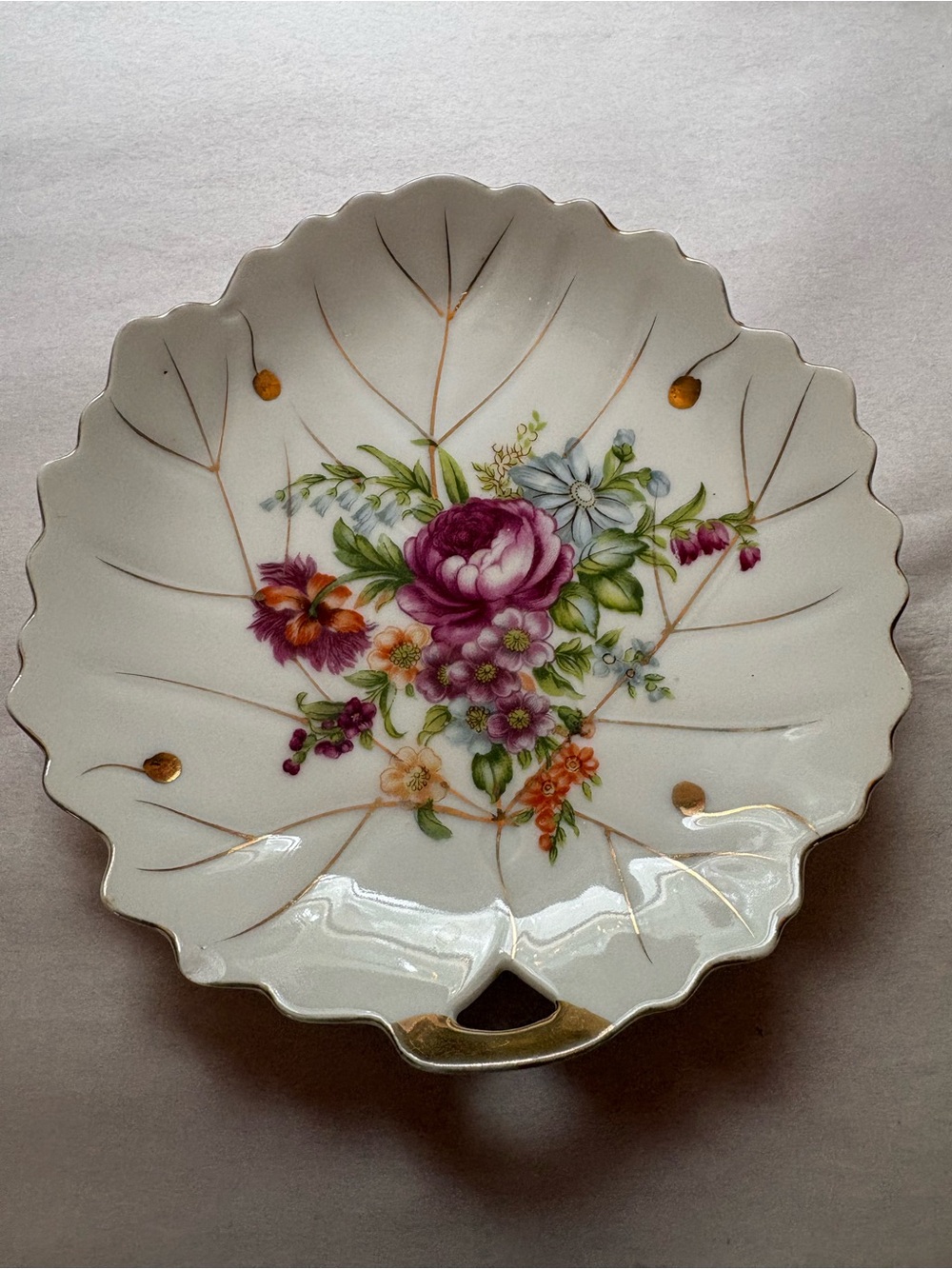 Vintage Nasco Japan Leaf Dish 7” Hand Painted Floral Gold Trim Porcelain 1960’s
